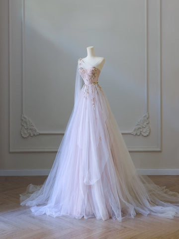 A line One Shoulder Tulle Lace Long Evening Dress Prom Dresses SD2486